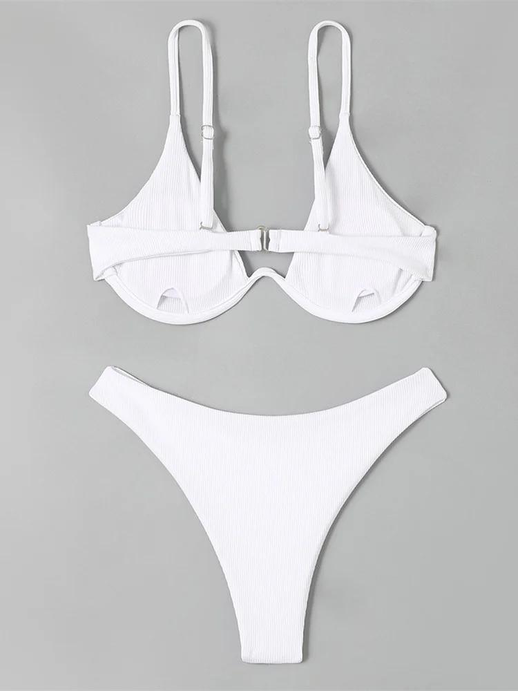Sexy Underwire Bikini 2025 Women Black White Ribbed Push Up Micro Swimsuit Brazilian Hollow Out Bathing Suit Thong Swimwear