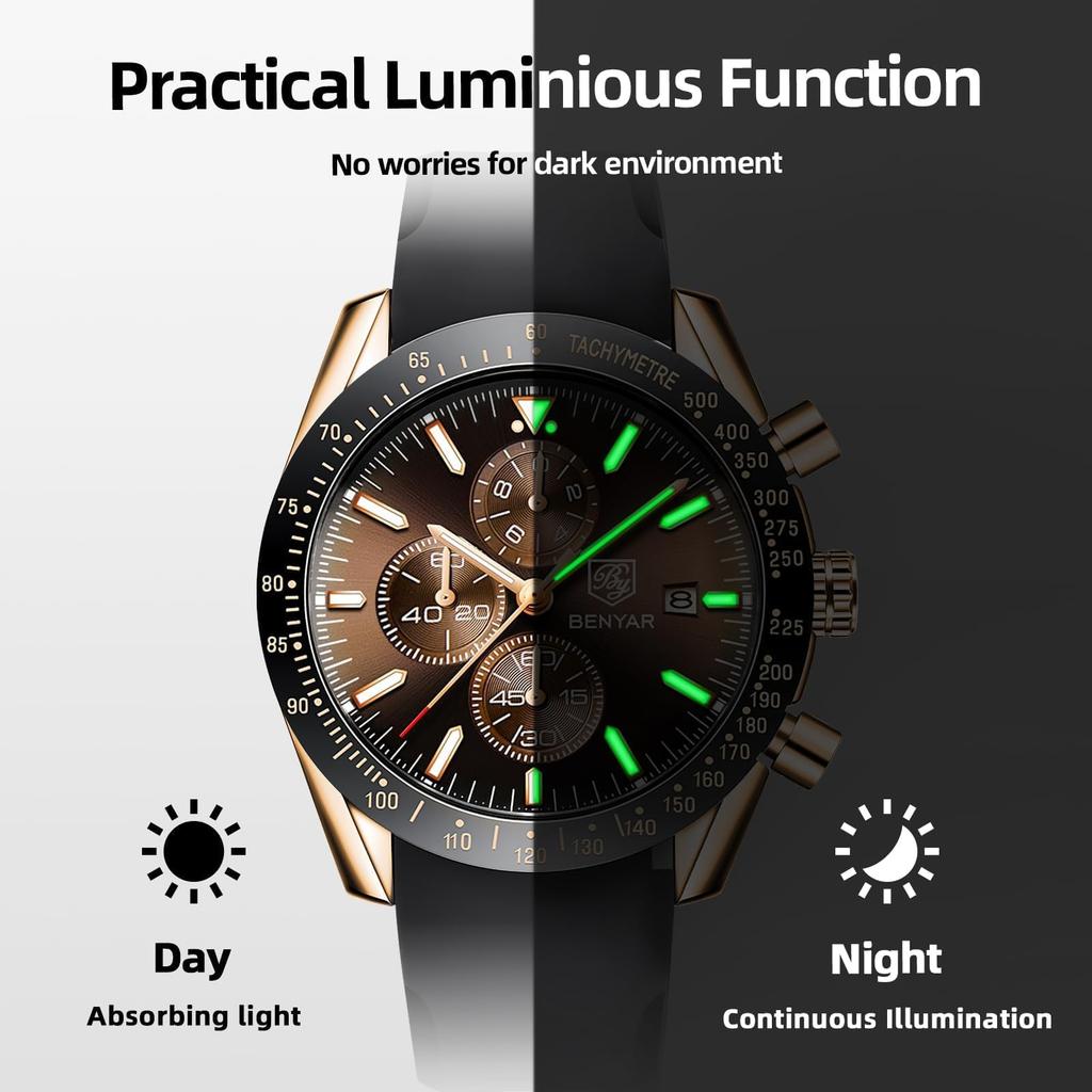 Benyar Men's Chronograph Watch 30M Water Resistant Formal Leather Band Quartz Stylish Brown Silver Blue