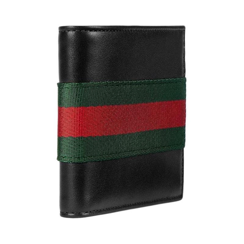 Gucci Red and green stripe decoration leather wallet men's black