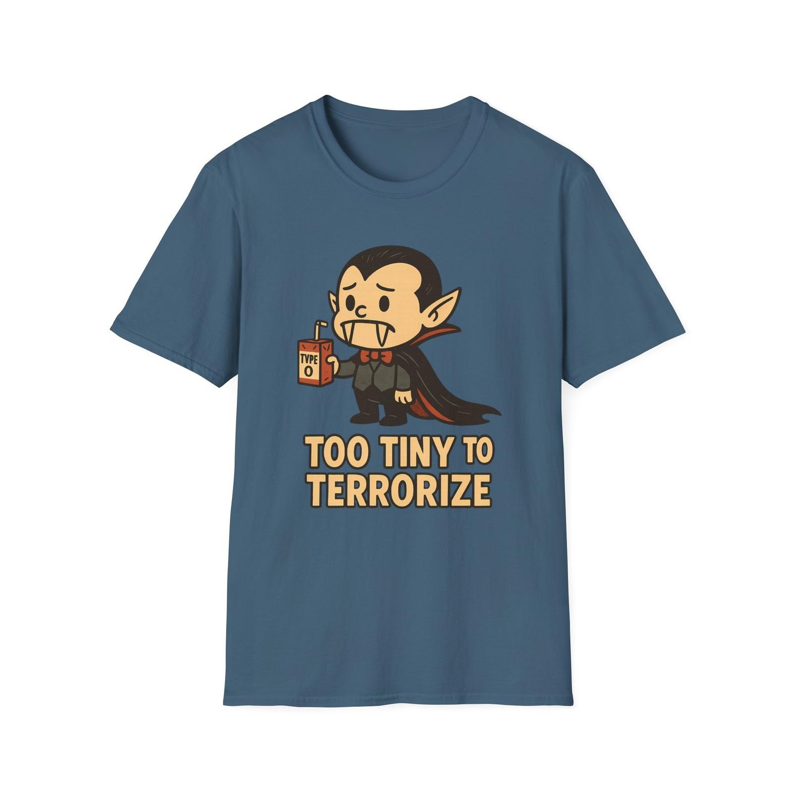 Unisex Softstyle T-Shirt Mens Womens Tees Top Too Tiny to Terrorize Funny Baby Vampire Halloween L