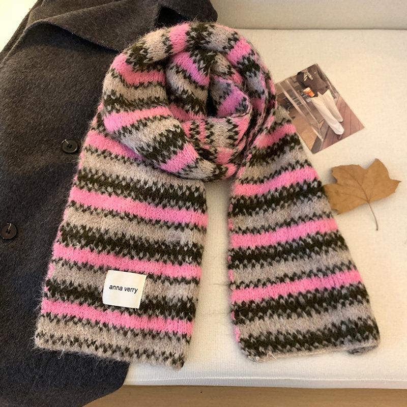 Fair Island Striped Knitted Scarf Women's New Winter Thickened Warm Soft Waxy Couple Shawl Wool Scarf