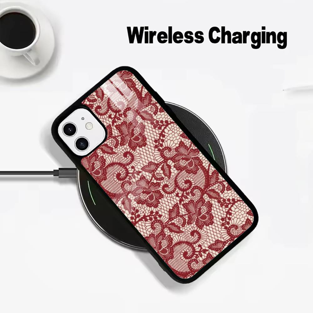 L-Lace Print Pattern Phone Case For IPhone17 16 15 14 13 12 11  Pro Max 16/15/14Plus Wireless Charger Cover Funda