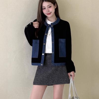 Short Spliced Denim Knitted Double-sided Cardigan Autumn and Winter New Loose Design Sweater Jacket Women