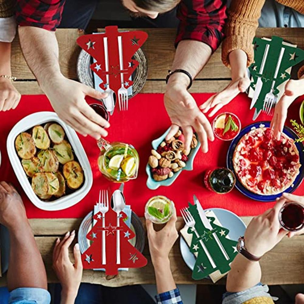 12pcs Christmas Cutlery Holders, Christmas Tree Shaped Felt Spoon and Fork Holder, Xmas New Year Thanksgiving Dining Decoration