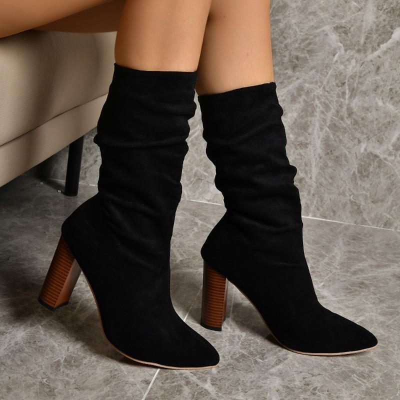 European and American Vintage High Heel Mid Sleeve Boots 2024 Autumn Winter High Heel Sexy Suede Mid Sleeve Single Boot Trafza