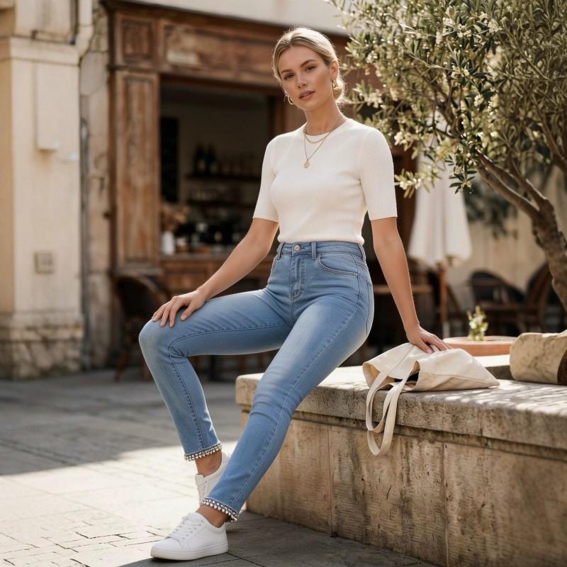 High Waist Slim Fit Denim Skinny Jeans With Bow Rhinestone Detail Women