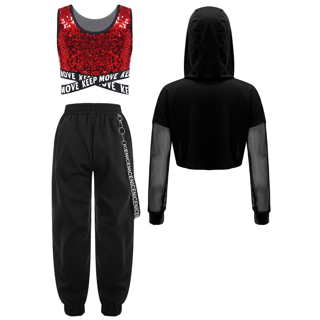 Kids Girls Street Dance Outfit 3Pcs: Sequins Criss-cross Waist Vest & Metal Chain Pocket Pants with Sheer Mesh Long Sleeve Hoodie for Performance