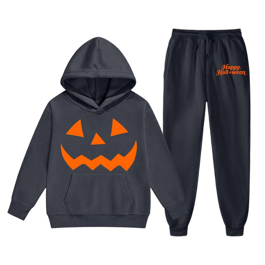 Kids Hoodie and Sweatpants Set with Halloween Print for Holiday Wear