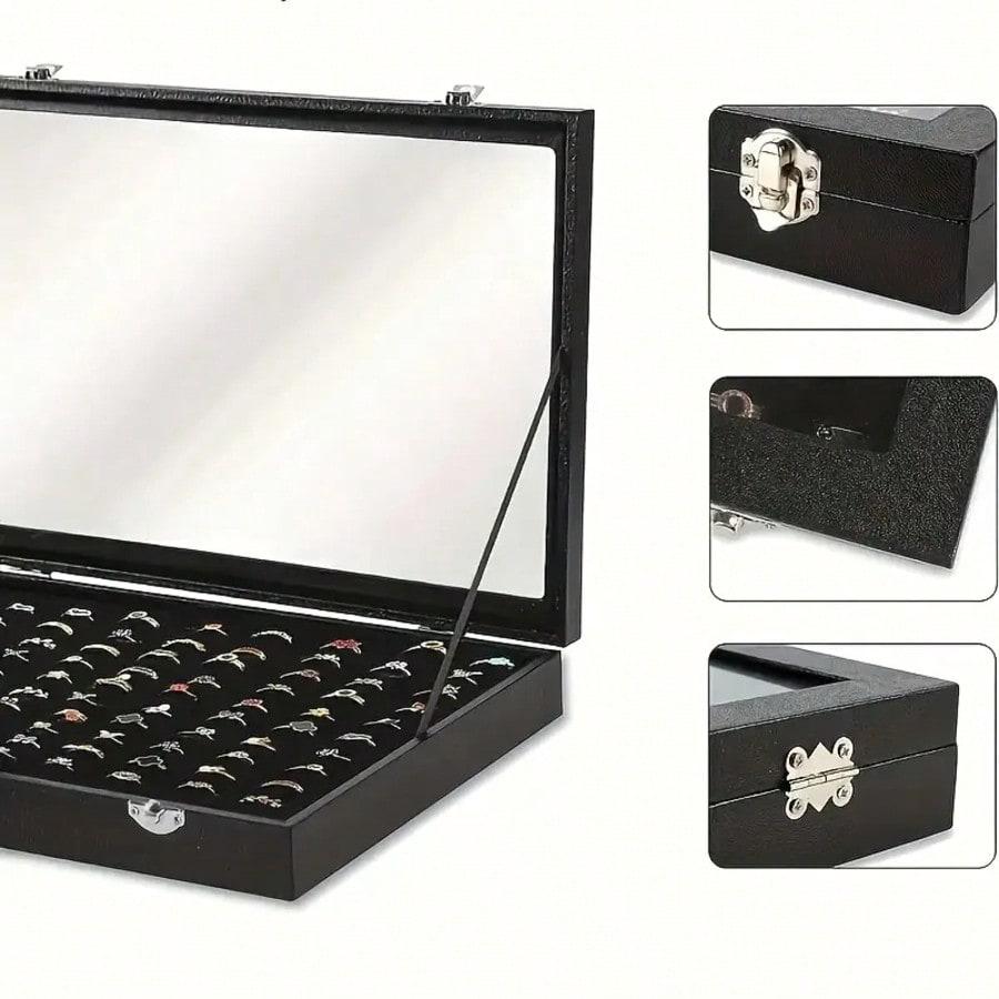 Ring Organizer Box With Clear Lid - Faux Leather Jewelry Storage Display Case For Rings, Beads & Jewelry Making - Compact Tabletop Organizer For Women