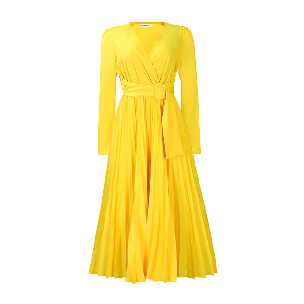 IHUASU Dame Langermet Snøring Ensfarget V-hals Slim Plissert Plussstørrelse Kjole