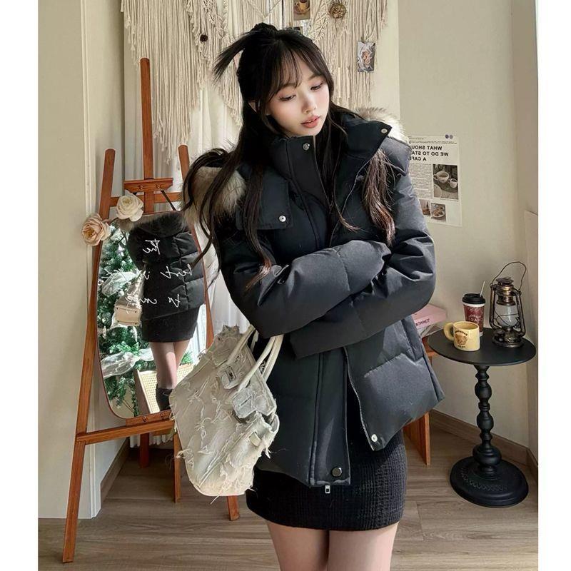 2026 Women's Slimming Hooded Cotton Jacket with Fur Collar - Winter Fit, Thickened, Petite Outerwear