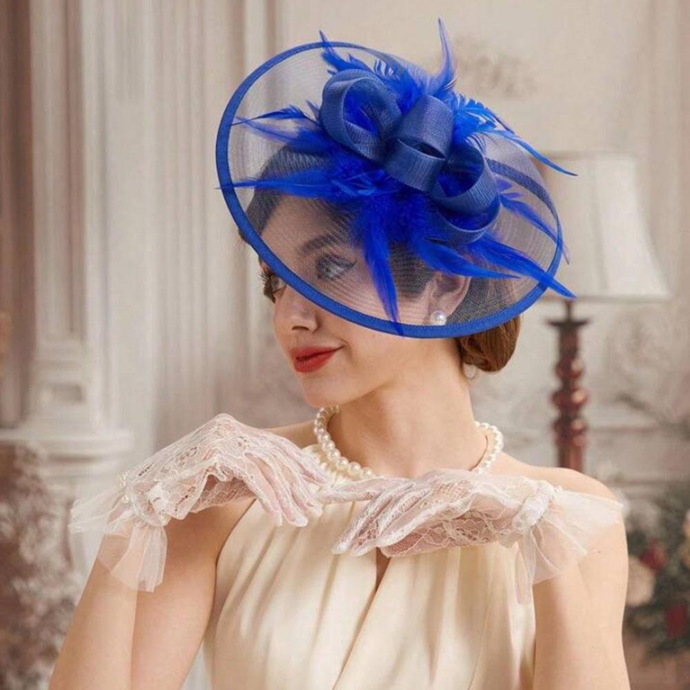 

Очаровательная шляпка с перьями и цветами, винтажная шляпка-фасинатор в стиле Кентукки для Дерби, коктейля, свадьбы синий