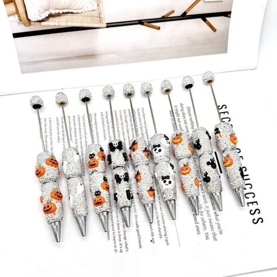 Rhinestone Writing Pen Beadable Pen, Glitter Plastic Beaded Halloween Pumpkin Ghost Skull Decorative Gel Ink for DIY Craft Making, School Office