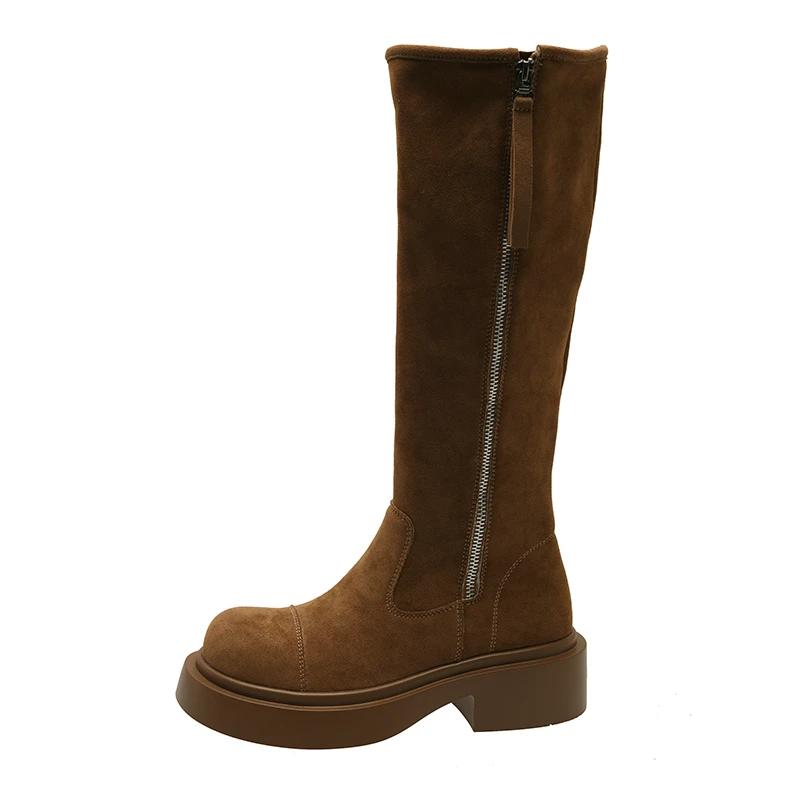 

Зимние современные сапоги до колена, женские туфли на молнии с круглым носком и средним каблуком, распродажа 2025 года, модные однотонные женские сапоги в стиле панк на молнии 39