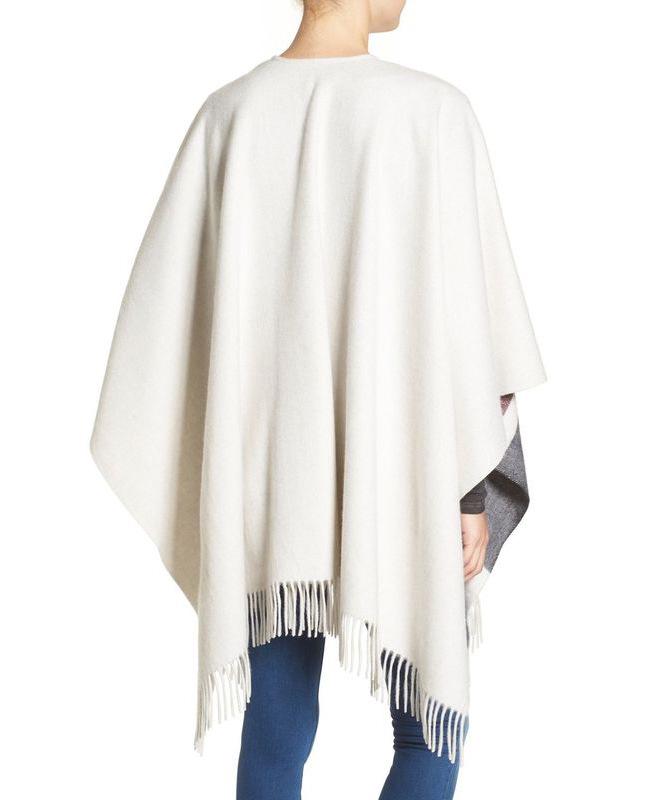 Women's Lambswool Mid-Length Color Block Shawl Cloak with Tassels
