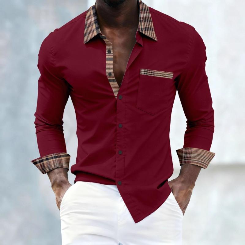 Men's Spring and Autumn New Plaid Splicing Lapel Long-sleeved Shirt Suitable for Daily Leisure