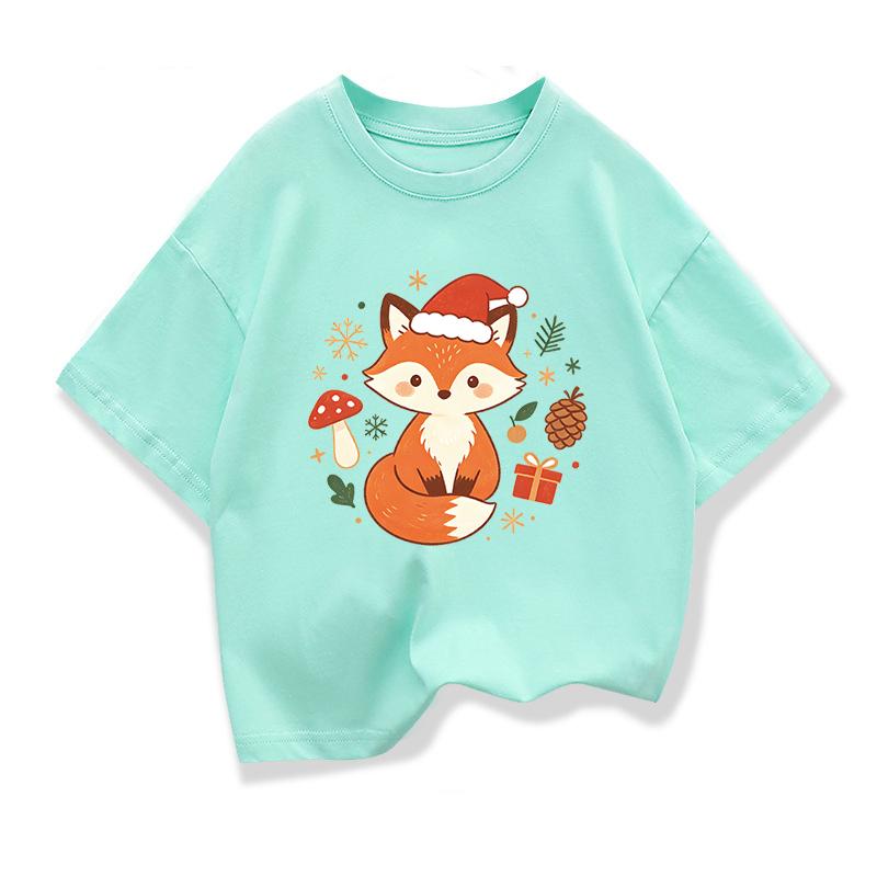 New Cute Cartoon Fox Printed Christmas Children's Gift T-shirt Summer Children's Short Sleeve Printed T-shirt Kids Tops Clothes