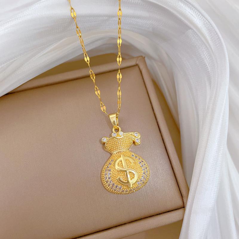 Full Diamond Money Bag Lucky Bag Light Luxury Temperament Gorgeous Full Diamond Necklace Female Versatile Collarbone Chain Titanium Steel Chain