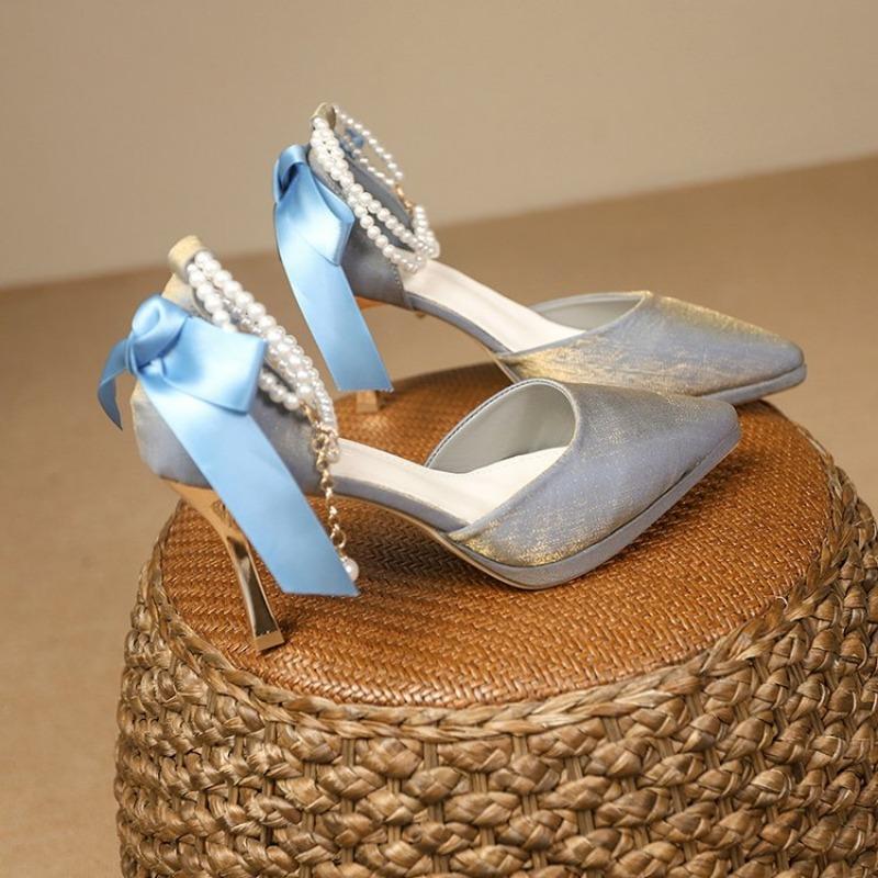 Fashion Women's Sandals Summer New Pointy Matte Ribbon Beaded Heels Fashion Temperament Skinny Heels Wedding Party Single Shoes