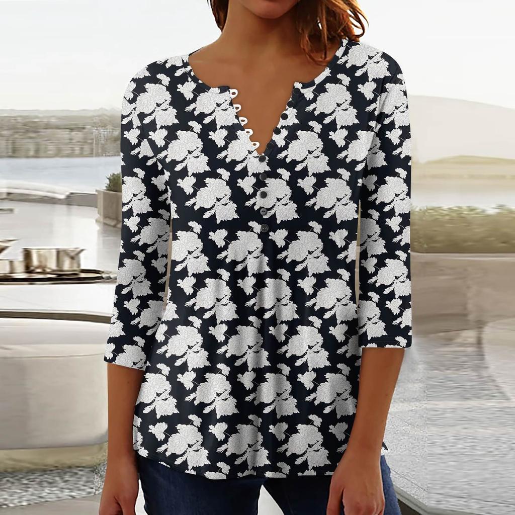 Women's Fashion Casual Pullover T-Shirt 3/4 Sleeve Printed Top
