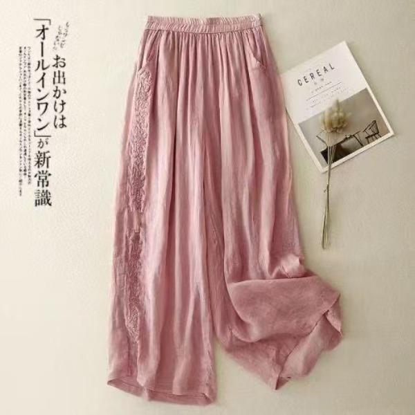 Summer Women Nine-Minute Wide Leg Pants with Embroidery