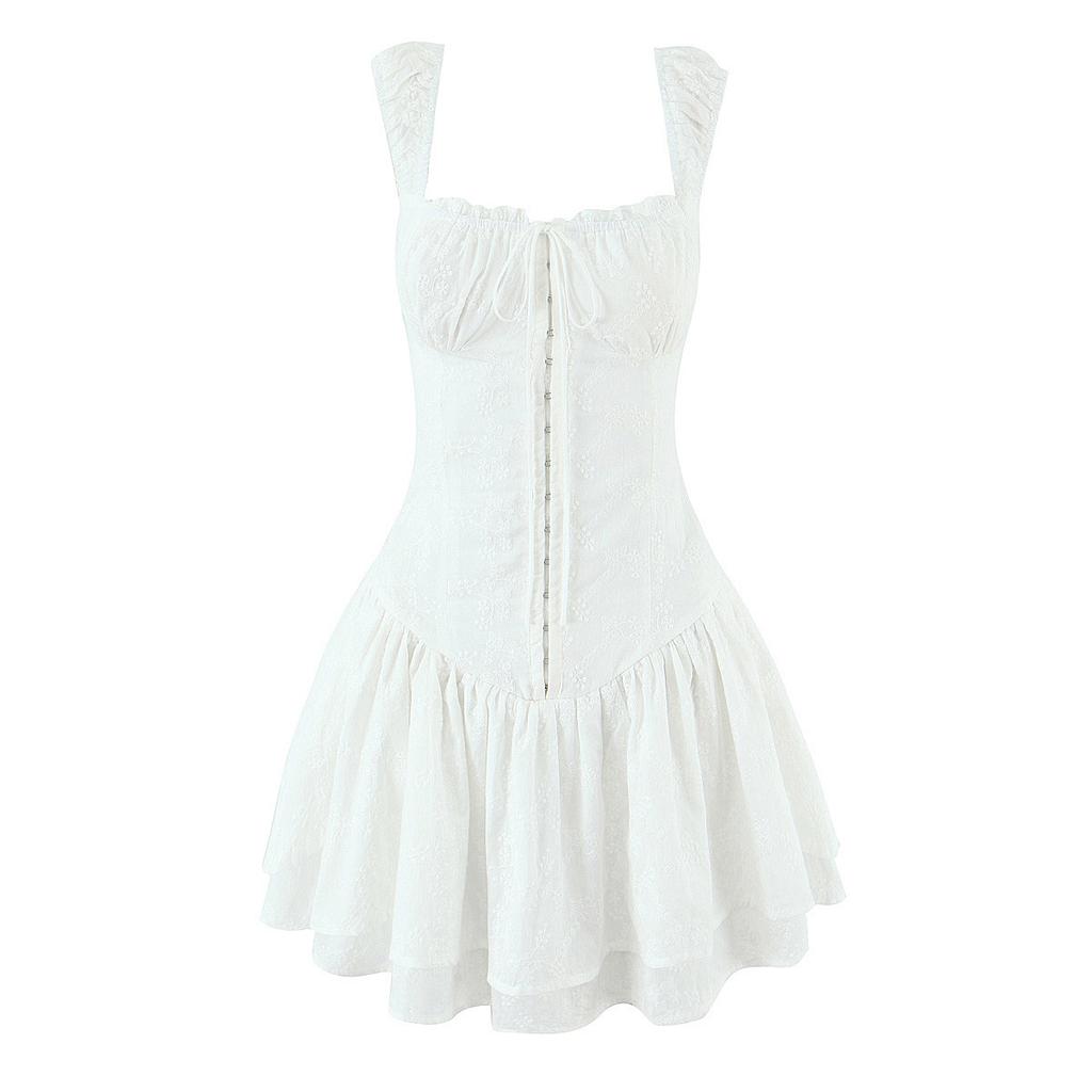 French Niche White Romantic Lace-up Embroidered Suspender Vest A-word Short Skirt Women's Waist Cake Dress
