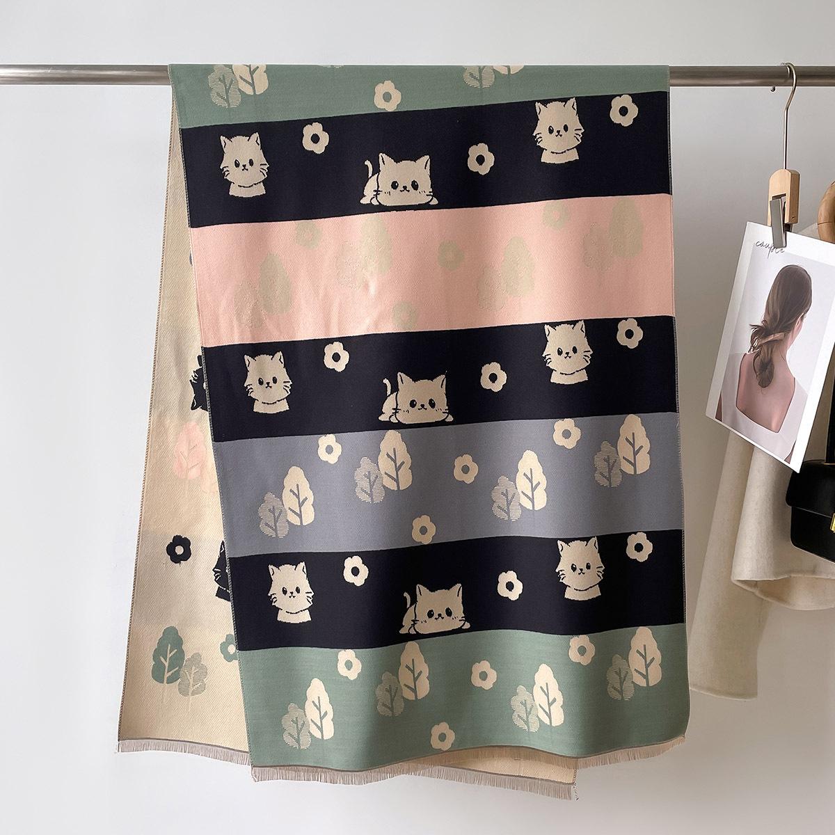 Dames Zachte Winter Kasjmier Sjaal Cartoon Kat Print Pashmina Luxe Sjaals En Wraps Bufanda Echarpe Warme Deken One Size