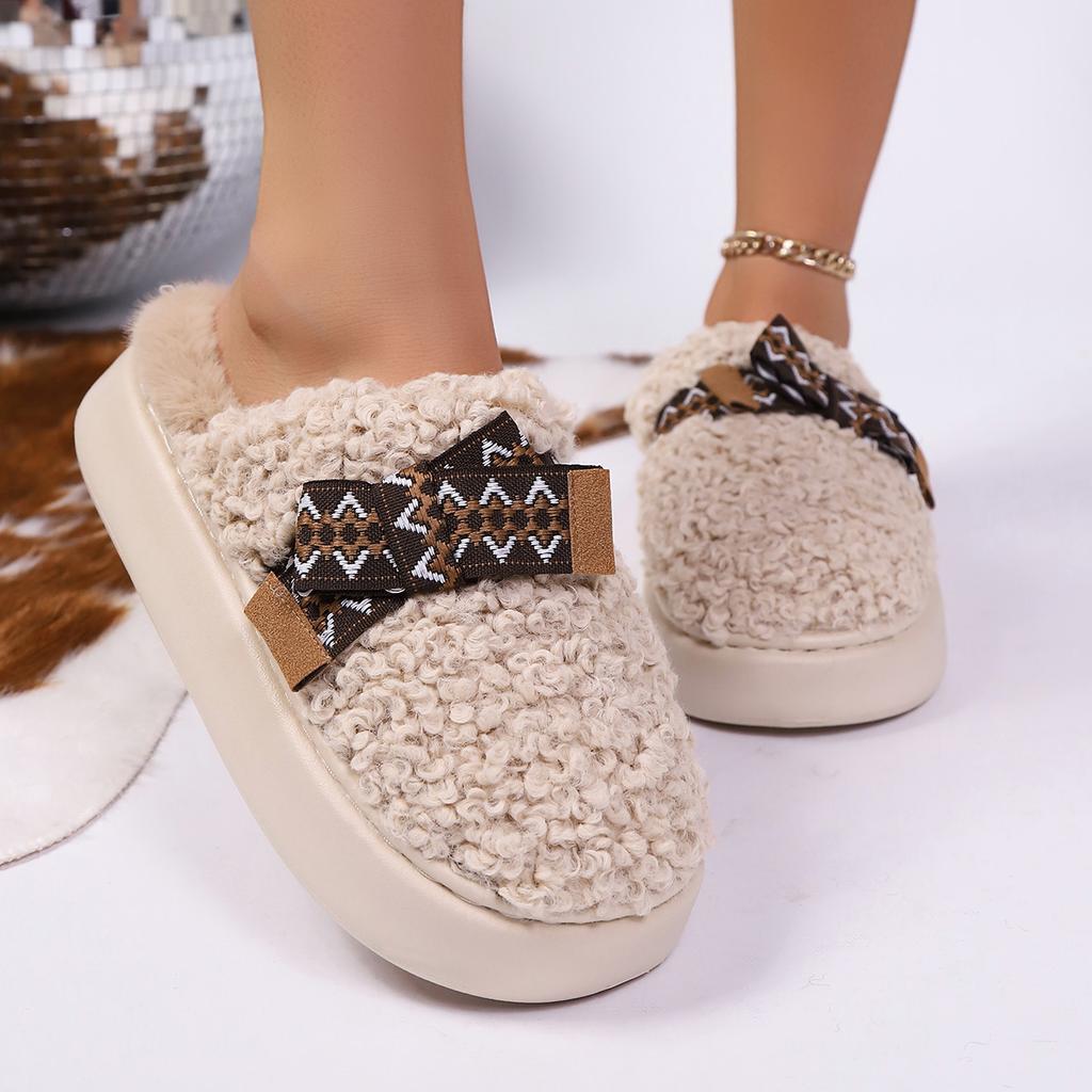 Fashion Sweet Bowknot Fluffy Fur Indoor Slippers Women 2025 Winter Comfort Thick Bottom Home Slippers Warm Plush Non Slip Woman's Slides