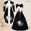 Women Plus Size Two Piece Set Black White Printed Long Sleeve Cardigan Sleeveless Round Neck Tie Waist Flared Dress