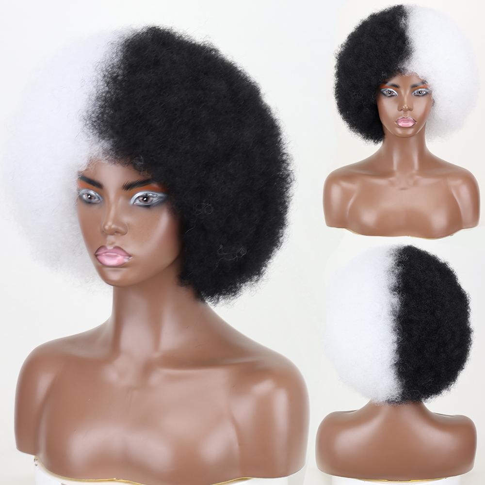 MISSQUEEN Syntetisk afro kinky krøllet fluffy parykk for kvinner Myke korthårsparykker med smell for festdans Cosplay parykker