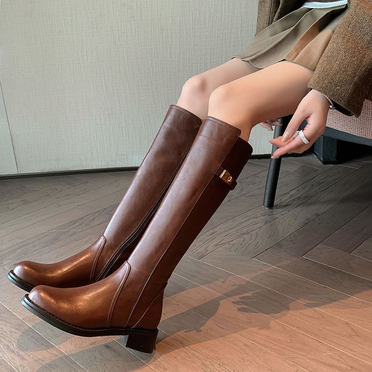 

Полные ауры~ Ботинки-рыцари Lock женские 2025 осень и зима новые толстый каблук высокие ботинки круглый носок ботфорты 39