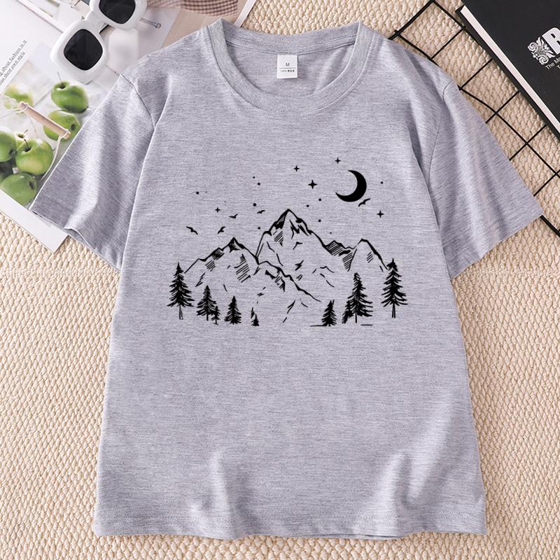 Minimalist Mountain T Shirt Nature Lover Tee Moon Mountain Graphic Tee Hiking TShirt Casual Round Neck Printed Tshirt Clothes