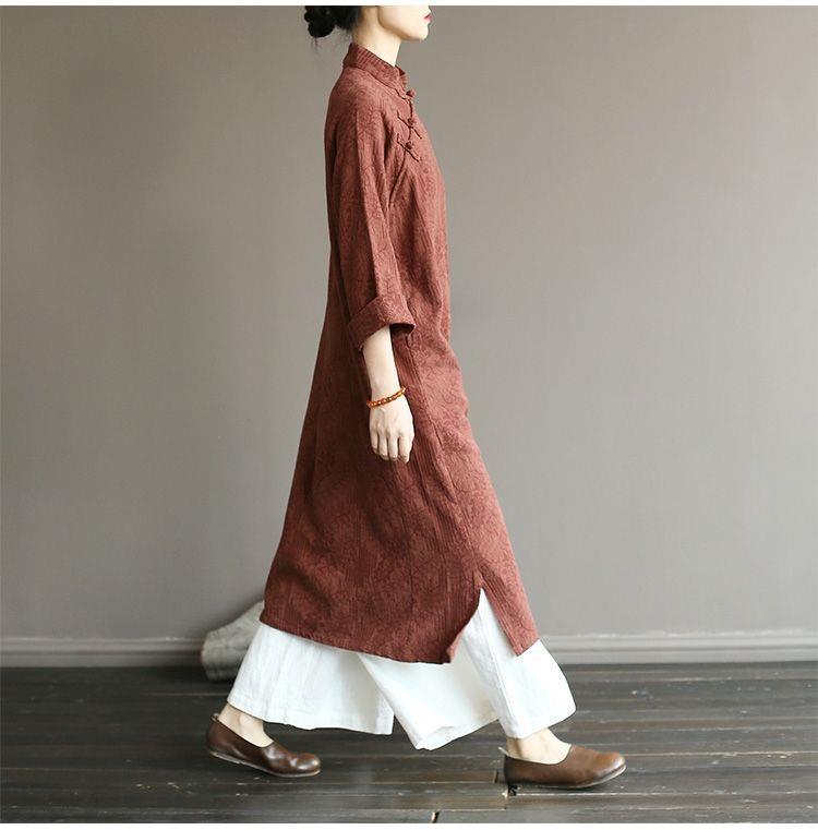 Retro Frog Button Cotton Linen Casual Long Dress