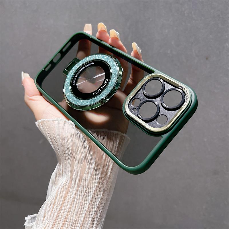 Metal Lens Is Suitable for Apple 16 Mobile Phone Case, Transparent IPhone15 Glitter Magnetic Suction Bracket 14promax Hard Case.