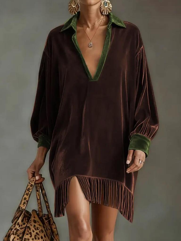 2026 Retro Color Block Tassel Lapel Dress - Long Sleeve, Loose Fit with Pockets for Women