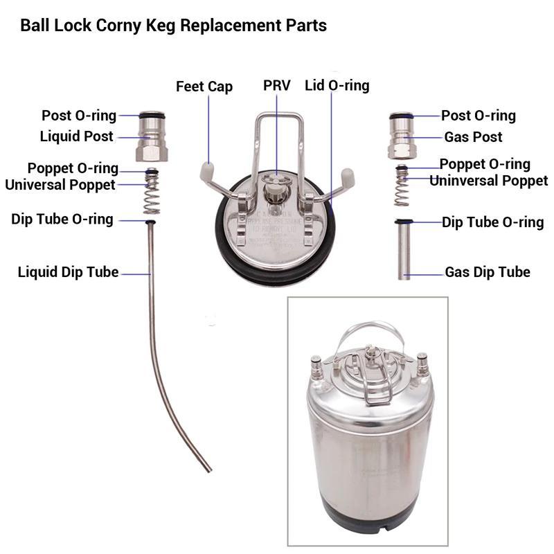 Cornelius Type Keg Ball Lock Post & Poppet Female Thread Gas Liquid Post 19/32"-18 & 9/16"-18 Wine Barrel Maintenance Accessory