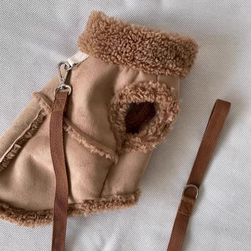 Brown Suede-Like Dog Vest Small Breeds Like Bichon Frise Teddy Warm Winter Coat With Leash Attachment