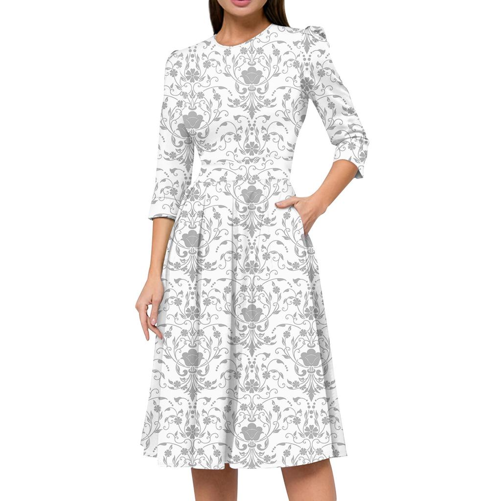Lässiges und modisches Kleid für Damen mit Blumenmuster, 3/4-Ärmeln, Tasche und Reißverschluss auf der Rückseite