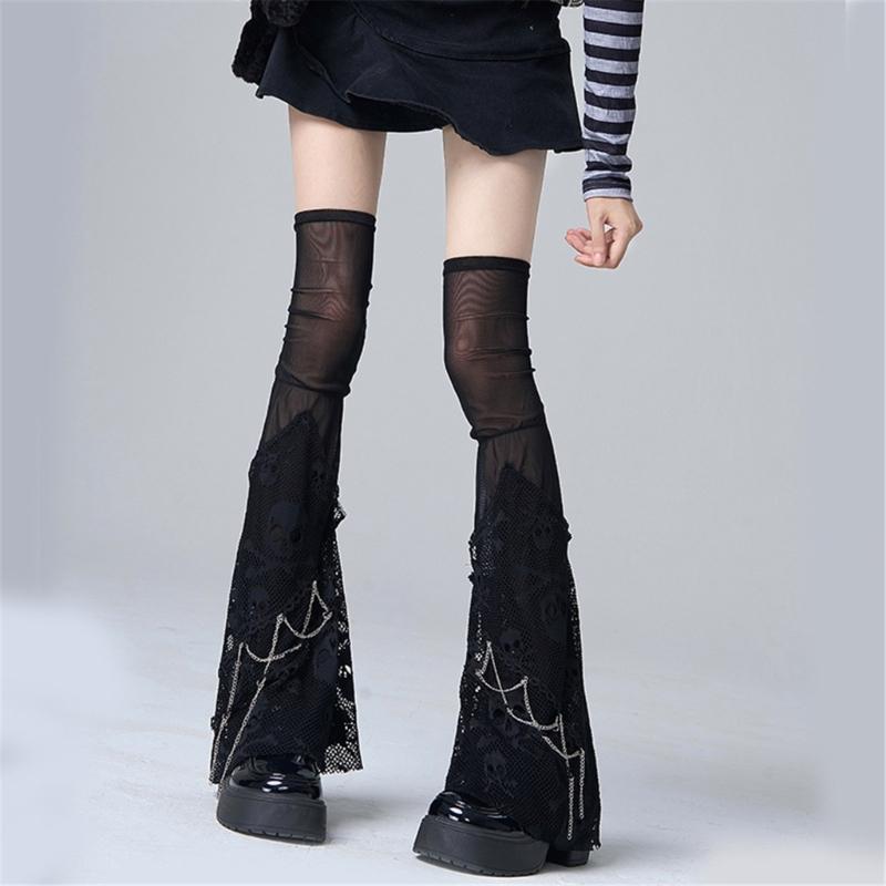 Maniche per gambe in rete estive Scaldamuscoli punk con teschio Calzettoni lunghi alla moda Maniche per gambe per sottoculture Streetwear per donna