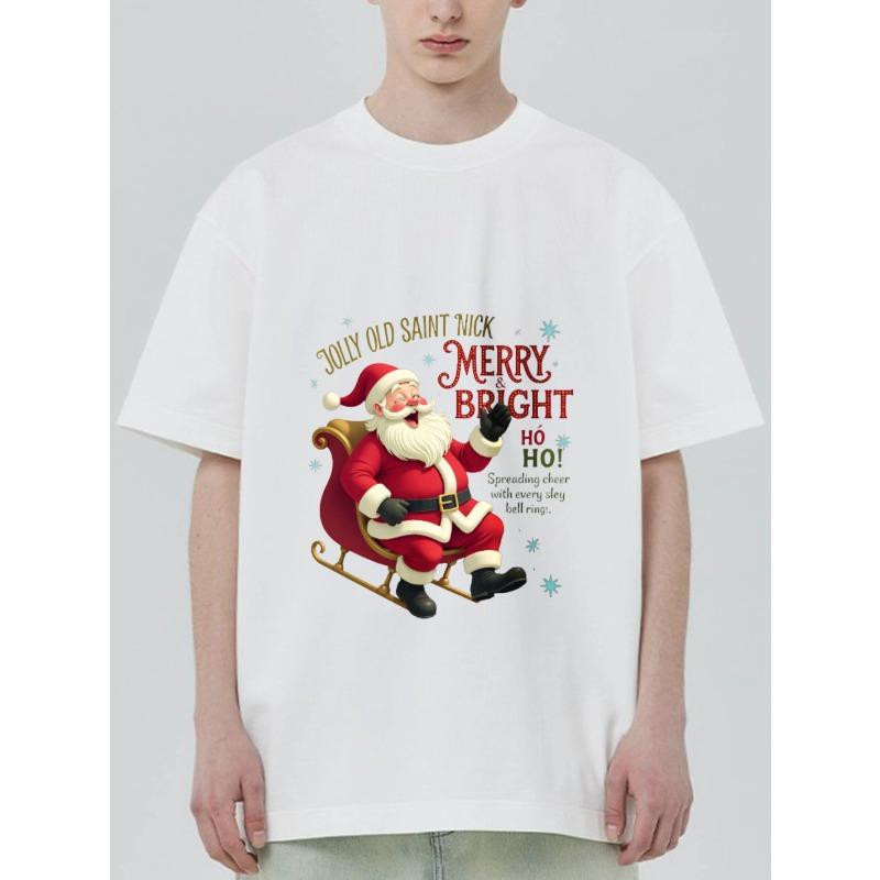 Christmas T Shirt Black Santa Claus Sleigh Print with Merry Bright Text for Holiday Season