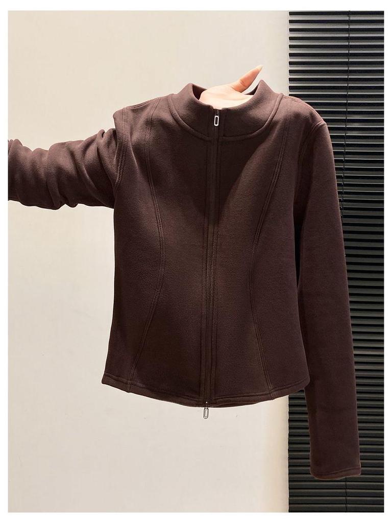 Plus Size Velvet Double Zipper Stand Collar Long Sleeve Women's Slimming Autumn Winter Top