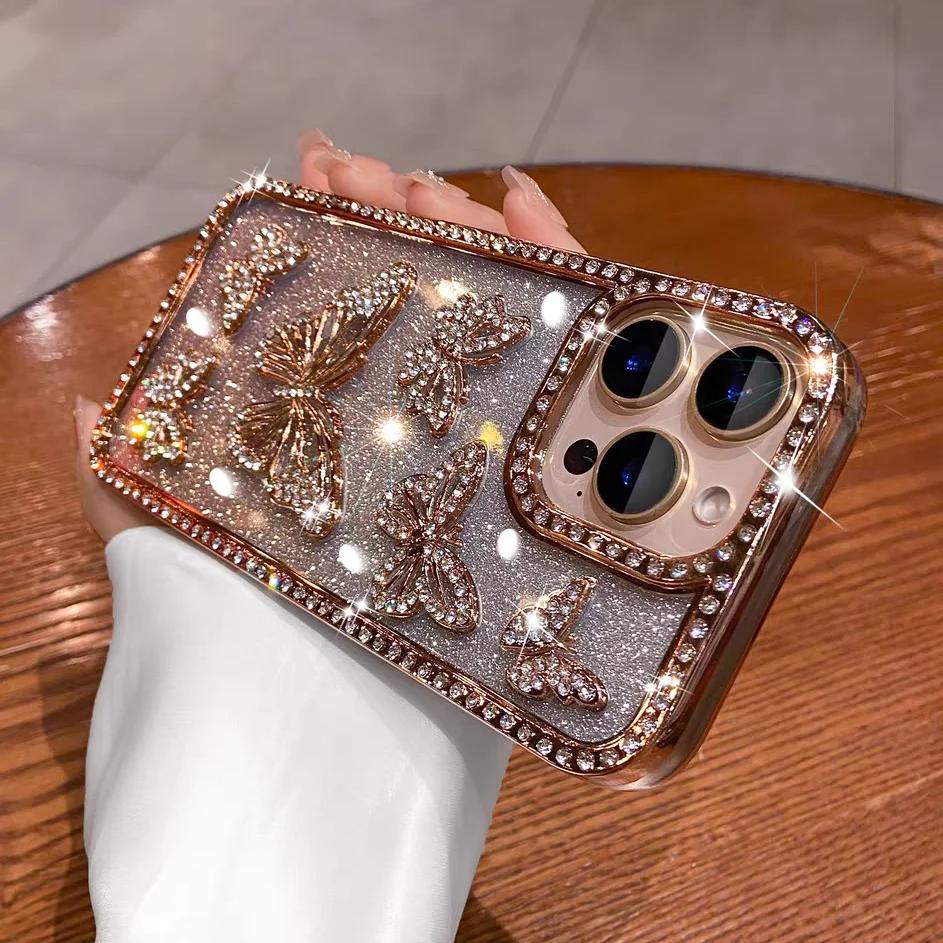 Glitter 3D Butterfly Shiny Case For iPhone 17 16 15 14 13 12 11 Pro Max Diamond Bling Sparkly Rhinestone Girls Pink Cute Cover