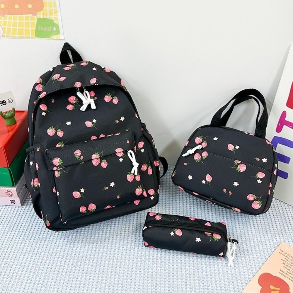 Oxford Cloth Strawberry Backpack Large Capacity Adjustable School Bag Preppy Style with Lunch Bag & Pencil Case Travel Backpack