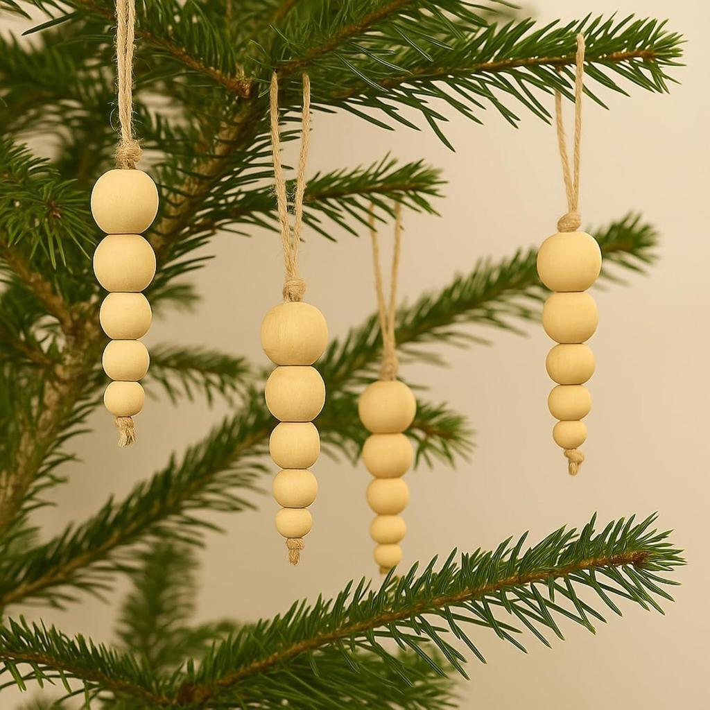Pack of 10 Wood Bead Christmas Ornament for Decoration Natural Modern Minimalist Xmas Hanging Home Decor Bohemian Holiday Decorations