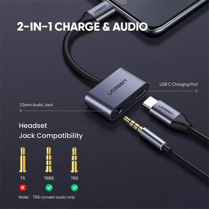 UGREEN 2 en 1 Adaptateur USB C Jack Supporte Audio et Recharge Adaptateur Écouteur USB Type C en Aluminium