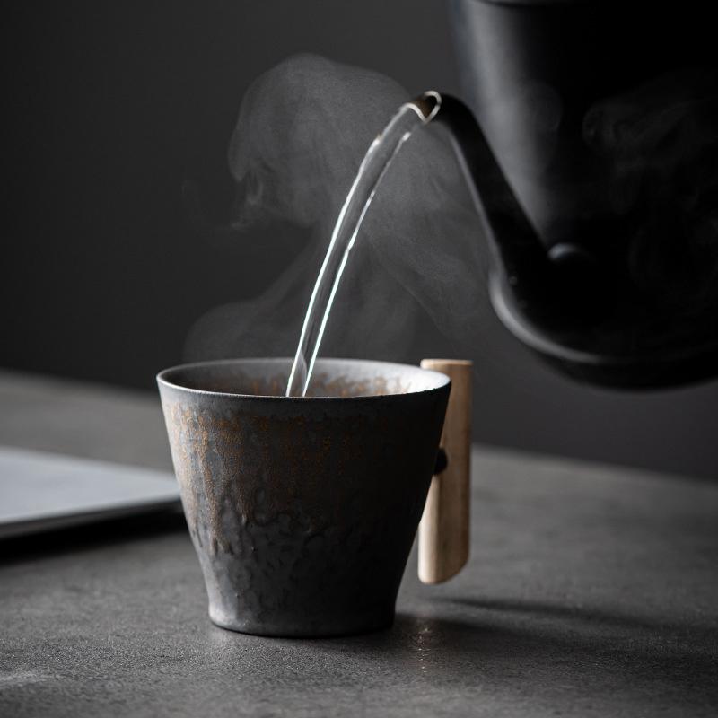 Japanese-style Retro Vintage Ceramic Manual Coffee Mug With Wooden Handle Tumbler Rust Glaze Tea Milk Beer Cup Home Drinkware