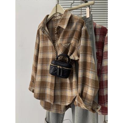 Herbst und Winter Damen Einfach Lässig Kariert Revers Langarm Locker Vielseitig Hemd Top