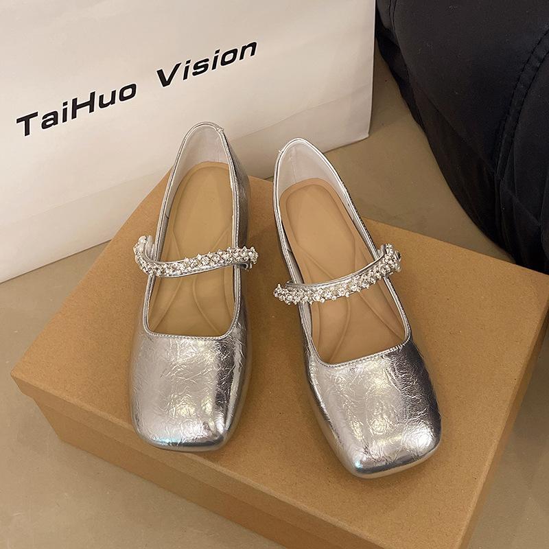 Summer single shoes 2025 new square head shallow mouth rhinestone one-word diamond belt silver low heel flat shoes Mary Jane shoes