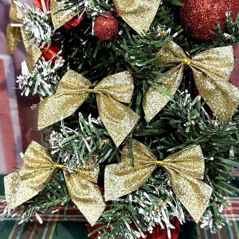 Mini Christmas Bow Glitter Gold Silver Xmas Tree Bowknots Pendants DIY Gifts Wrapping Decors New Year Party Garland Ornaments