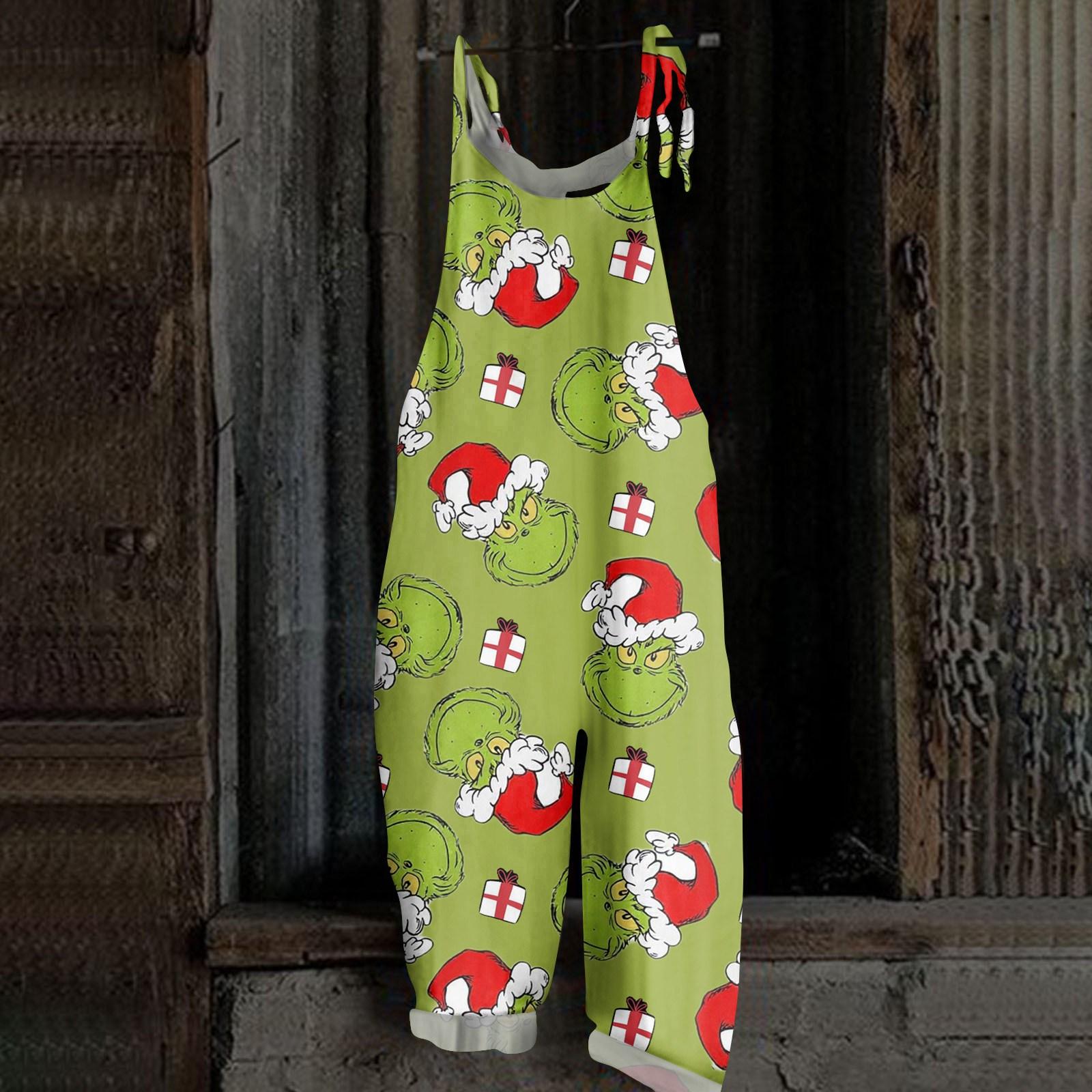 Women s Casual Loose Jumpsuit Christmas Print Wide Leg Jumpsuit Sleeveless With Pockets S